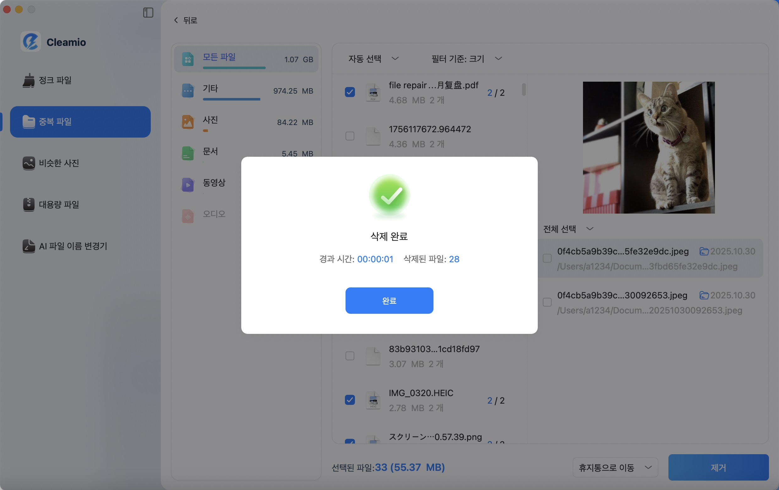 중복 파일 삭제 완료