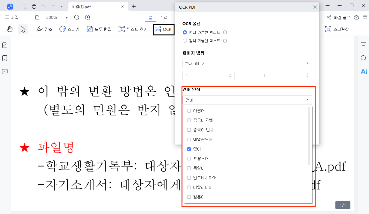 OCR 기능 선택
