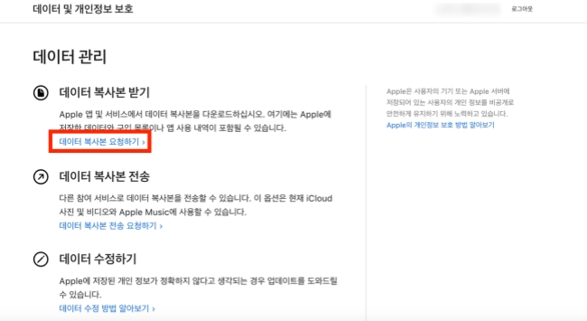 데이터 복사본 요청 화면