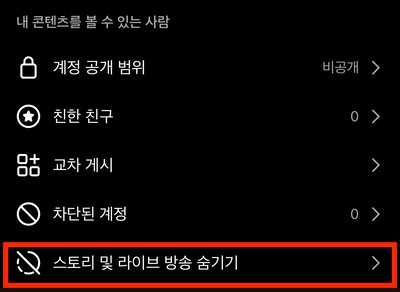 스토리 및 라이브 방송 숨기기