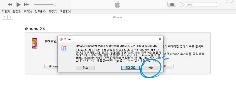 iTunes에서 복원