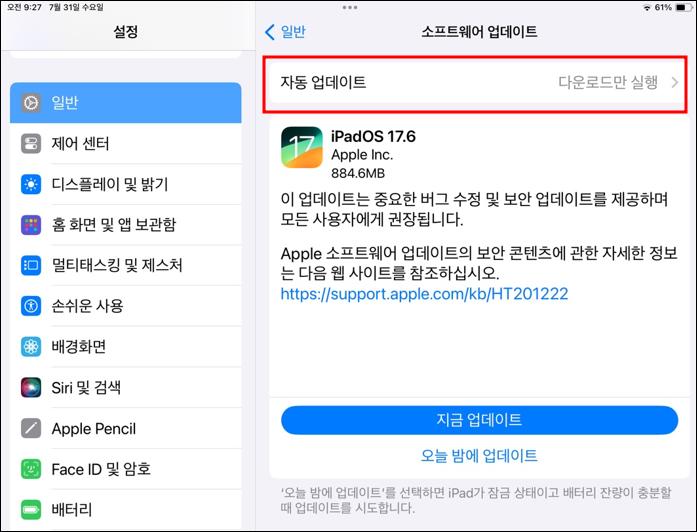 iPadOS 업데이트 확인