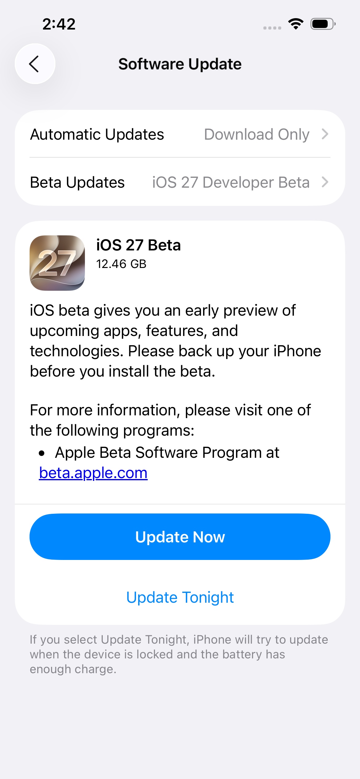 iOS 27 베타 저장 공간