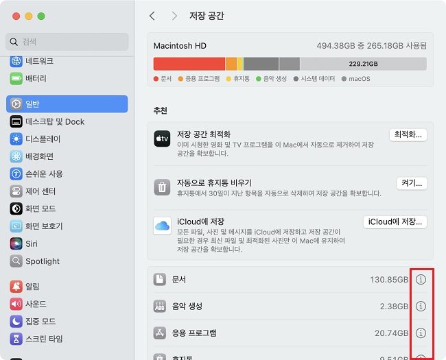 이 맥에 관하여에서 대용량 파일 확인