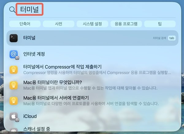 Spotlight에서 터미널 실행