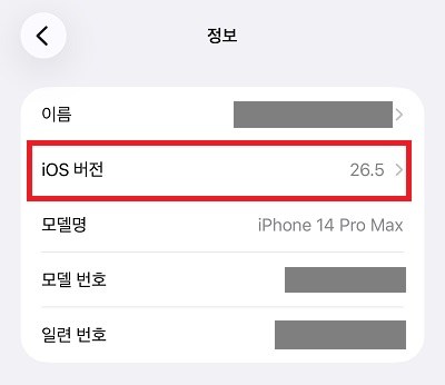 아이폰 정보 화면에서 iOS 버전을 확인하는 모습