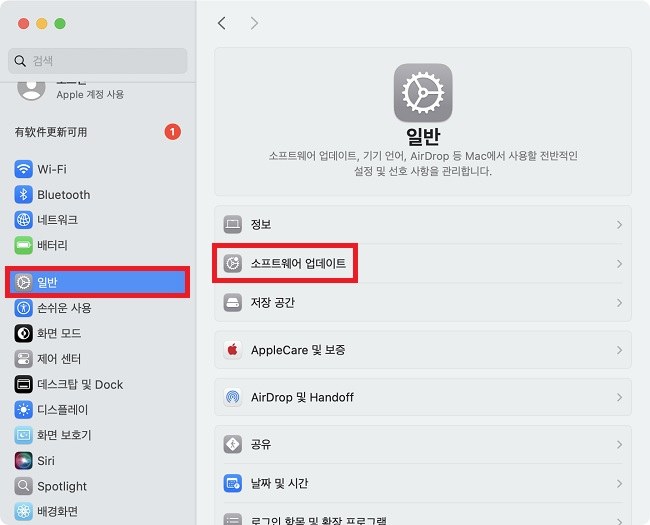 일반에서 소프트웨어 업데이트 선택