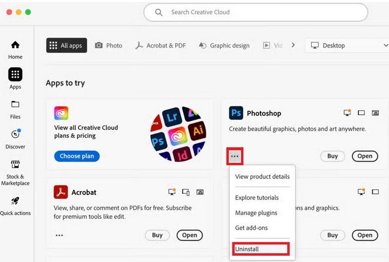 Creative Cloud에서 Adobe 앱 삭제 화면