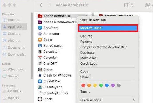 Finder에서 Adobe 앱 삭제 화면