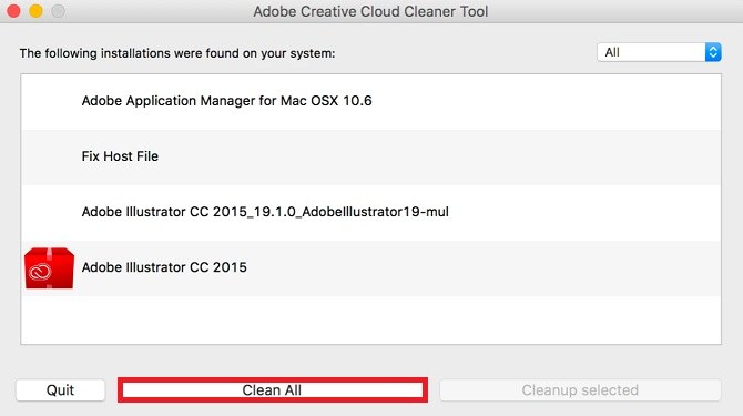 Adobe CC Cleaner Tool 사용 화면