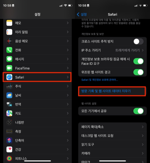 사파리 방문 기록 및 웹 사이트 데이터 지우기