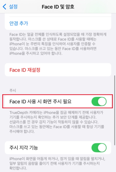 Face ID 사용 시 화면 주시 필요